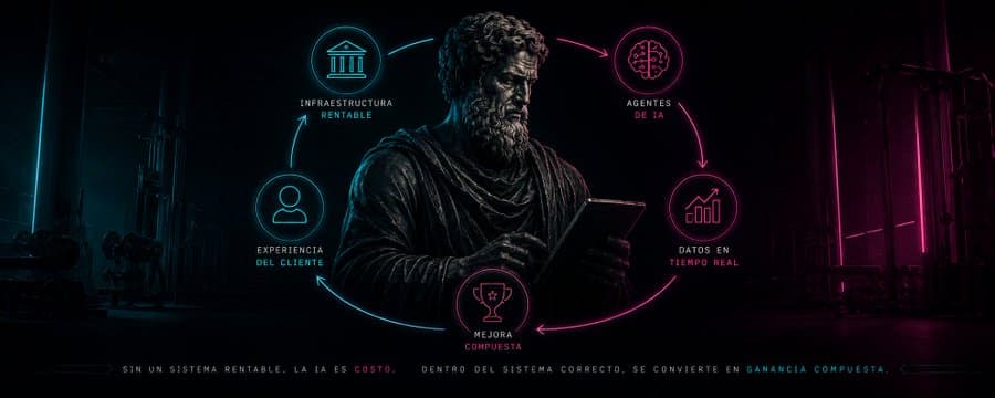 A cinematic system diagram connecting profitable infrastructure, AI agents, real-time data, customer experience and compounding improvement.